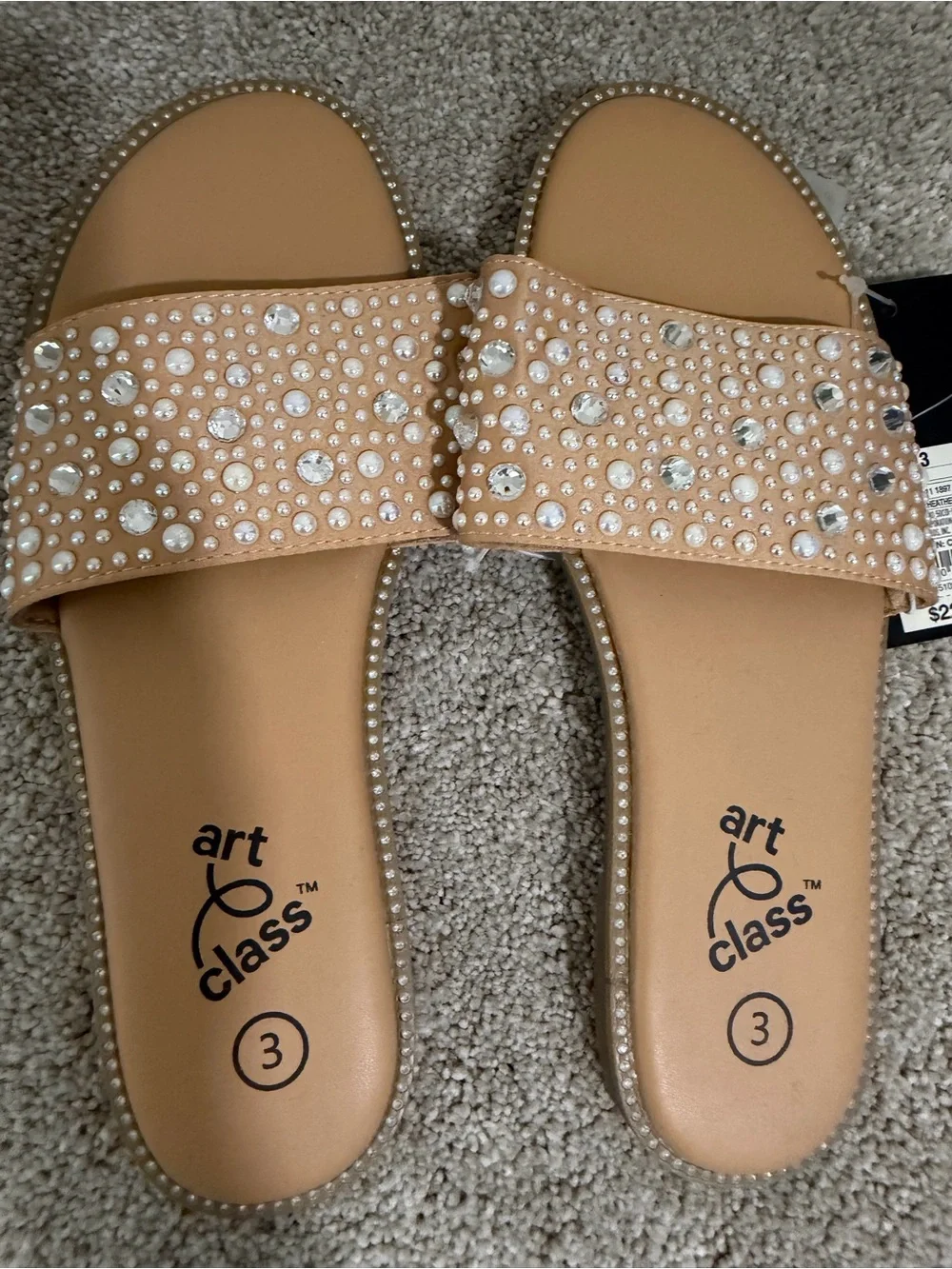 art class Tan Rhinestone-Embellished Slide Sandals